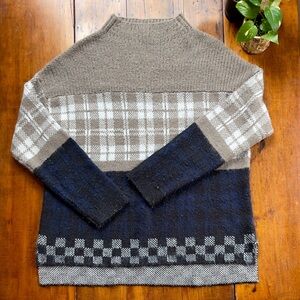 silence + noise | M/L | Wool Navy Tan Plaid Sweater Mock Turtle Neck Sweater